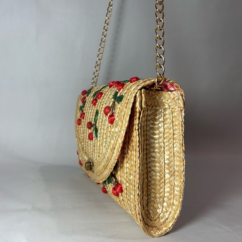 Straw Clutch with Red Floral Embroidery